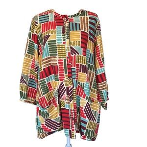 Gudrun Sjoden Lightweight Organic Cotton Button-Front Tunic Shirt Bold Print EUC